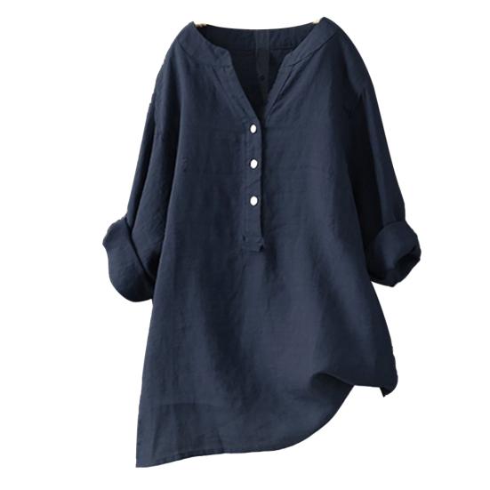 Plus Size Women Solid Color V Neck Long Sleeve Shirt Loose Linen Blouse Top
