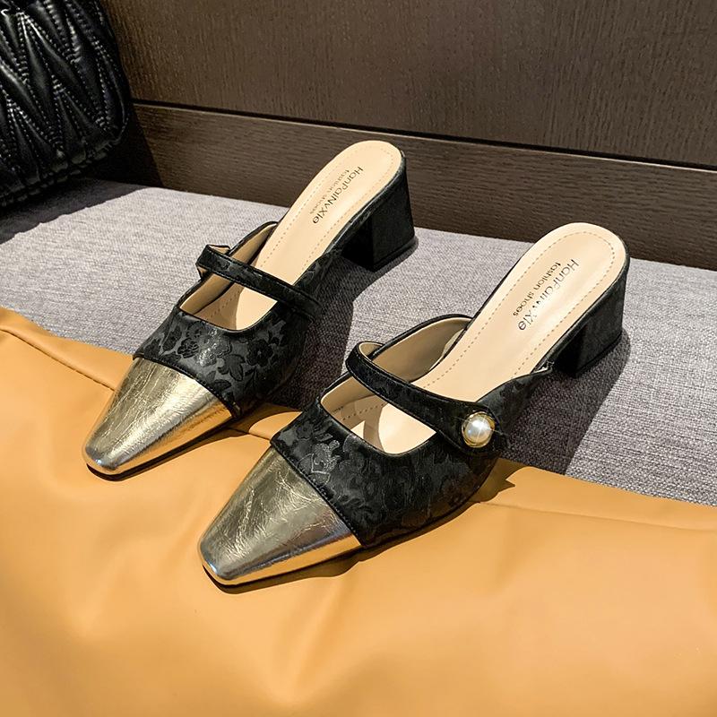 

Туфли-лодочки с острым носком, французские полушлепанцы для улицы, женская обувь, весенние балетки, ленивые Мэри Джейн, сандалии на педалях, тренд 40 чёрный