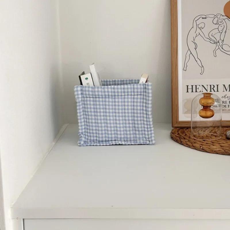 1Pcs Ins Korean Style Quilted Checkered Fabric Storage Basket Cosmetics Suntries Storage Box Home Simple Desktop Organizing Basket
