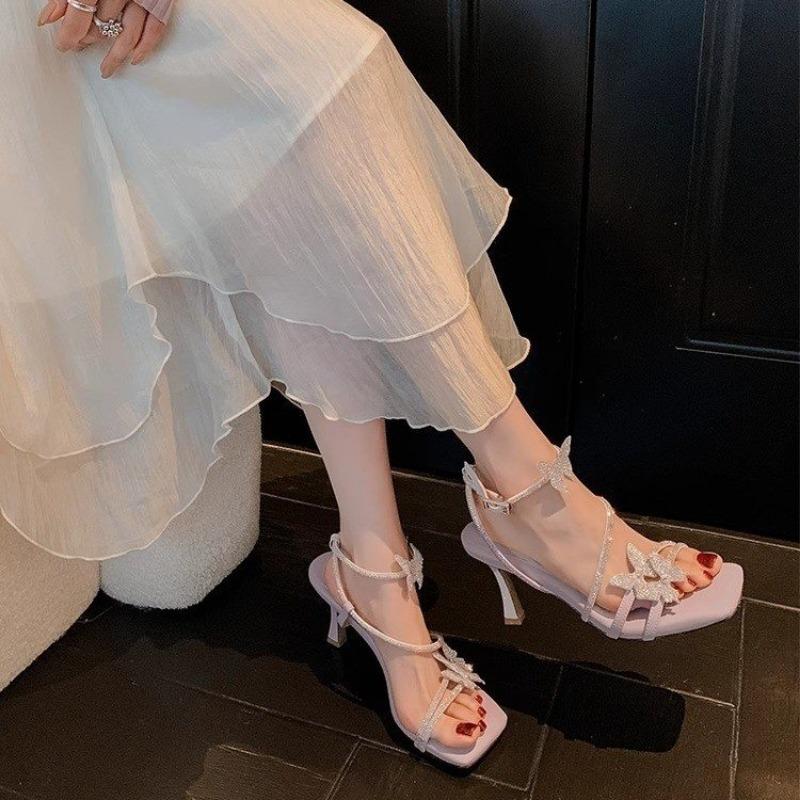 Fashion Fashion Crystal Butterfly Knot Stiletto Sandals Summer New Square Head Open Toe Stiletto Set Foot Non-slip High Heels