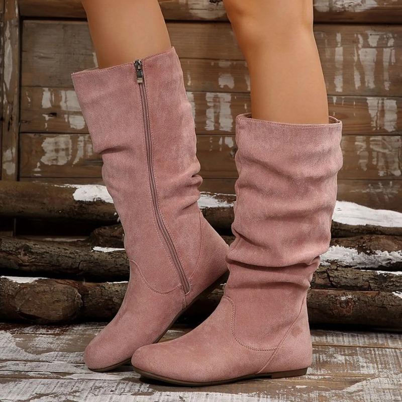 Insulated Boots Women Wide Calf Women'S Solid Color Fashion Side Zipper Casual Flat Bottom Round Toe Mid Women Boots Half Calf