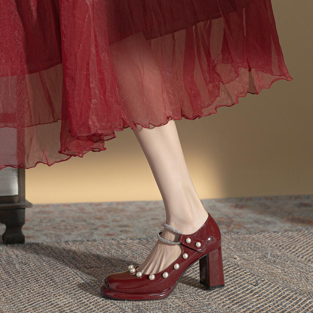 Spring and Summer New Rhinestone with Waterproof Table French Mary Jane 2025 Shoes Women's Versatile Pearl Thick Heel High Heels