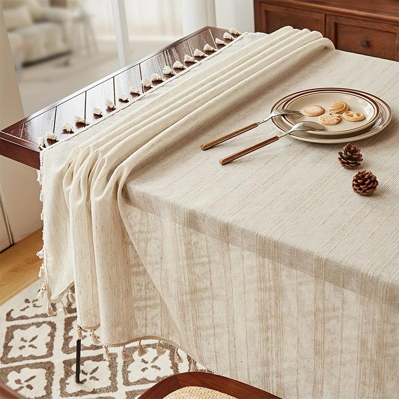 Amazon Popular Japanese-Style Striped Linen Tablecloth Tables And Chairs Simple Plain Tassel Atmosphere Decorative Cloth Dining Table