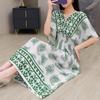 25th Anniversary Ethnic V-Neck Rayon Short Sleeve French-Thai Print Holiday Dress for Women