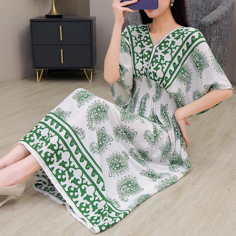 25th Anniversary Ethnic V-Neck Rayon Short Sleeve French-Thai Print Holiday Dress for Women