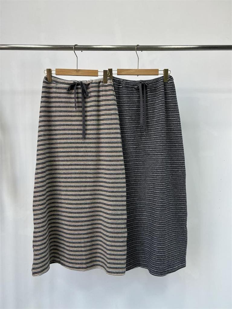 2025 Autumn/Winter Women's Korean Long Tie-Waist Striped Half Brushed Skirt