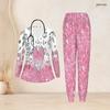 Women Plus Size Star Print Nurse Scrub Set V Neck Long Sleeve Pockets Red Blue White Two Piece