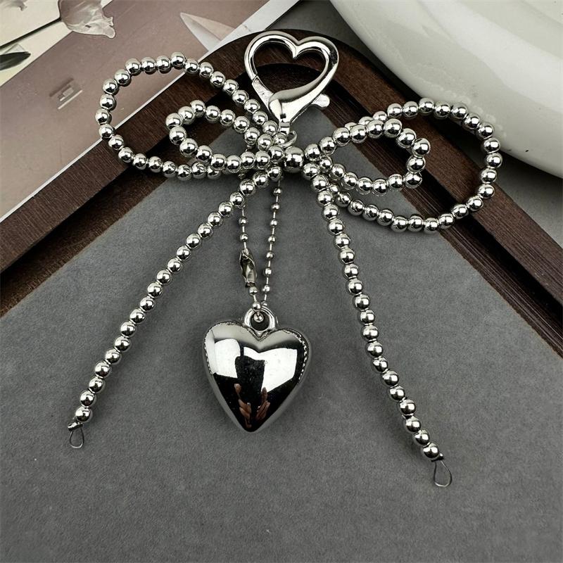 Double-layer Sweet Lovely Beaded Bowknot Heart Keychain Pendant Hanging Decor Keyring Lanyard Phone Charm Bag Pendant Supplies