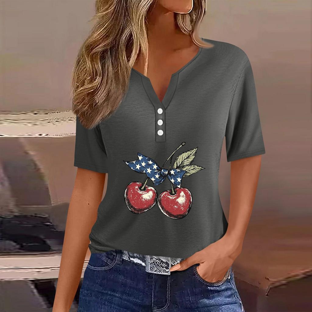 Women's T Shirt Tee Independence Day Print Button Short Sleeve Daily Weekend Fashion Basic V-Neck Regular Top