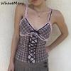 Y2K Spitze Patchwork Karomuster Tanktop Mode V-Ausschnitt Slip Crop Tops Koreanische Ästhetik Bandage Rückenfrei