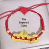 Fashionable Red Woven Bracelet with Five Emperors Copper Coins and Golden Pendant