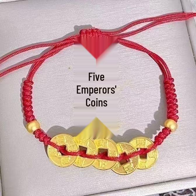 Fashionable Red Woven Bracelet with Five Emperors Copper Coins and Golden Pendant