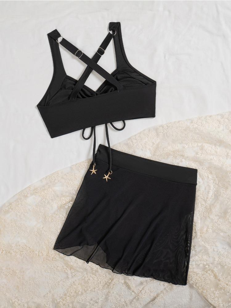 Solid Pendant Design Sexy Two Piece Bikini With Drawstring Skort Comfortable For Beach Vacation
