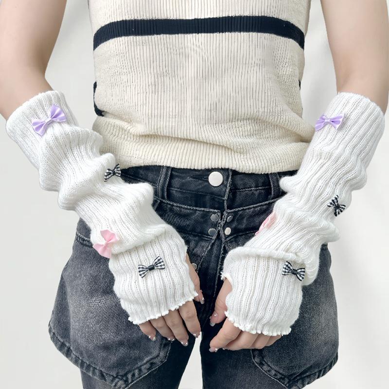 Sweet Cute Fur Bowknot Fingerless Gloves Girl Cosplay Sleeves Arm Sleeves Wool Knitted Sleeves