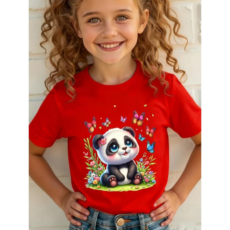 Girls Panda Butterfly Cartoon Print Crewneck Summer Short Sleeve Tee