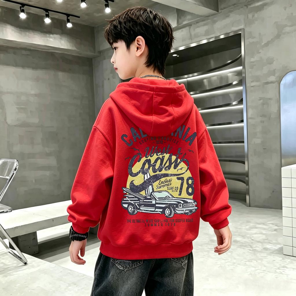 New Autumn Winter Kids Hooded Sweatshirt Retro West Coast Vintage Car Slogan Back Print Boys Girls Streetwear Hoodie