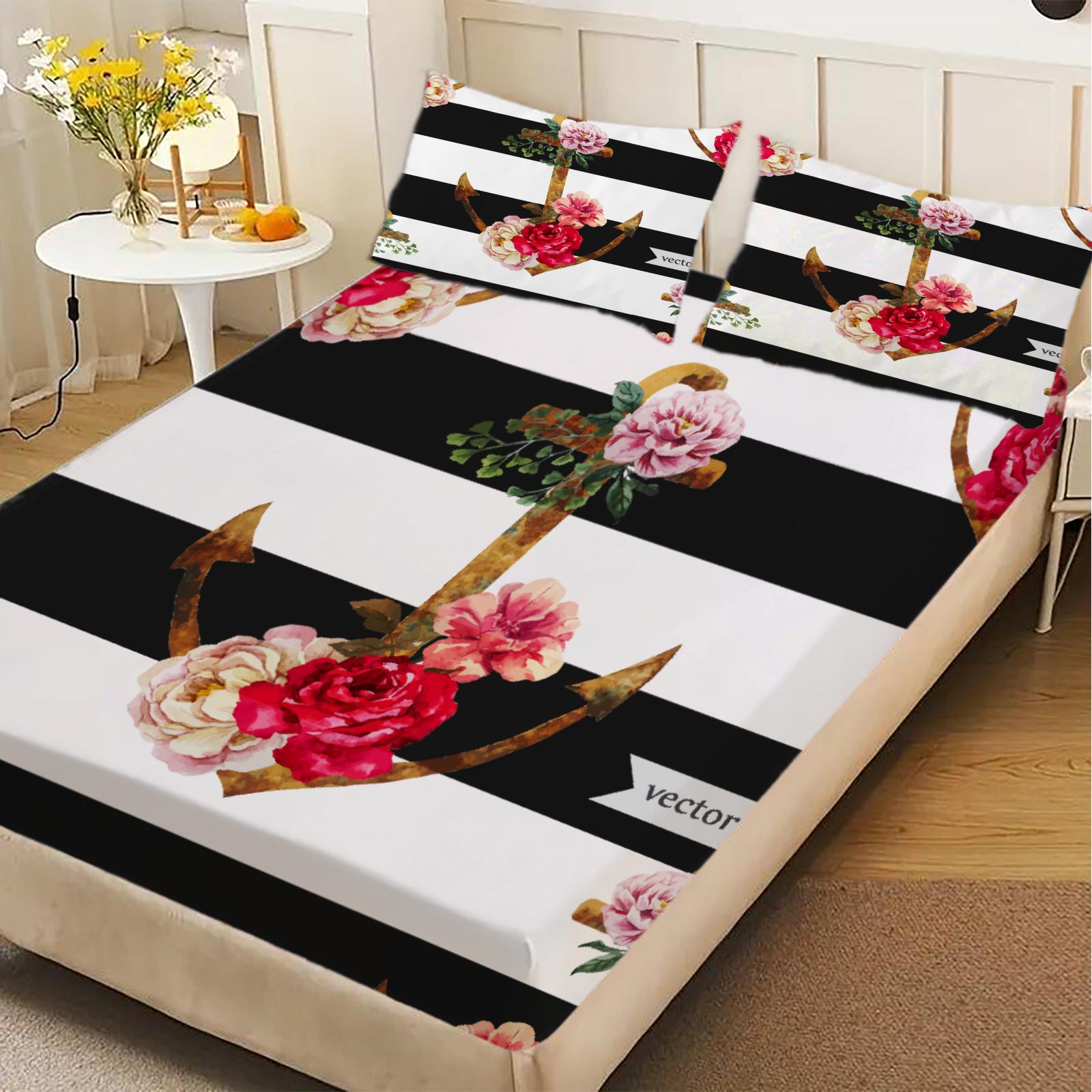 

3pcs Fitted Sheet Set Anchor Roses Stripes Black White Easy Care Durable Bed Sheet With Pillowcases For Bedroom Decor 150x200x25cm