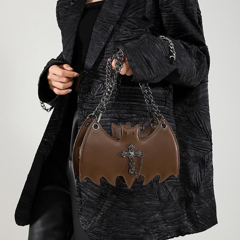 Gothic Style Bat & Skull PU Leather Shoulder Bag Vintage Solid Color Crossbody Bag with Adjustable Chain Strap for Outings, and Everyday Use