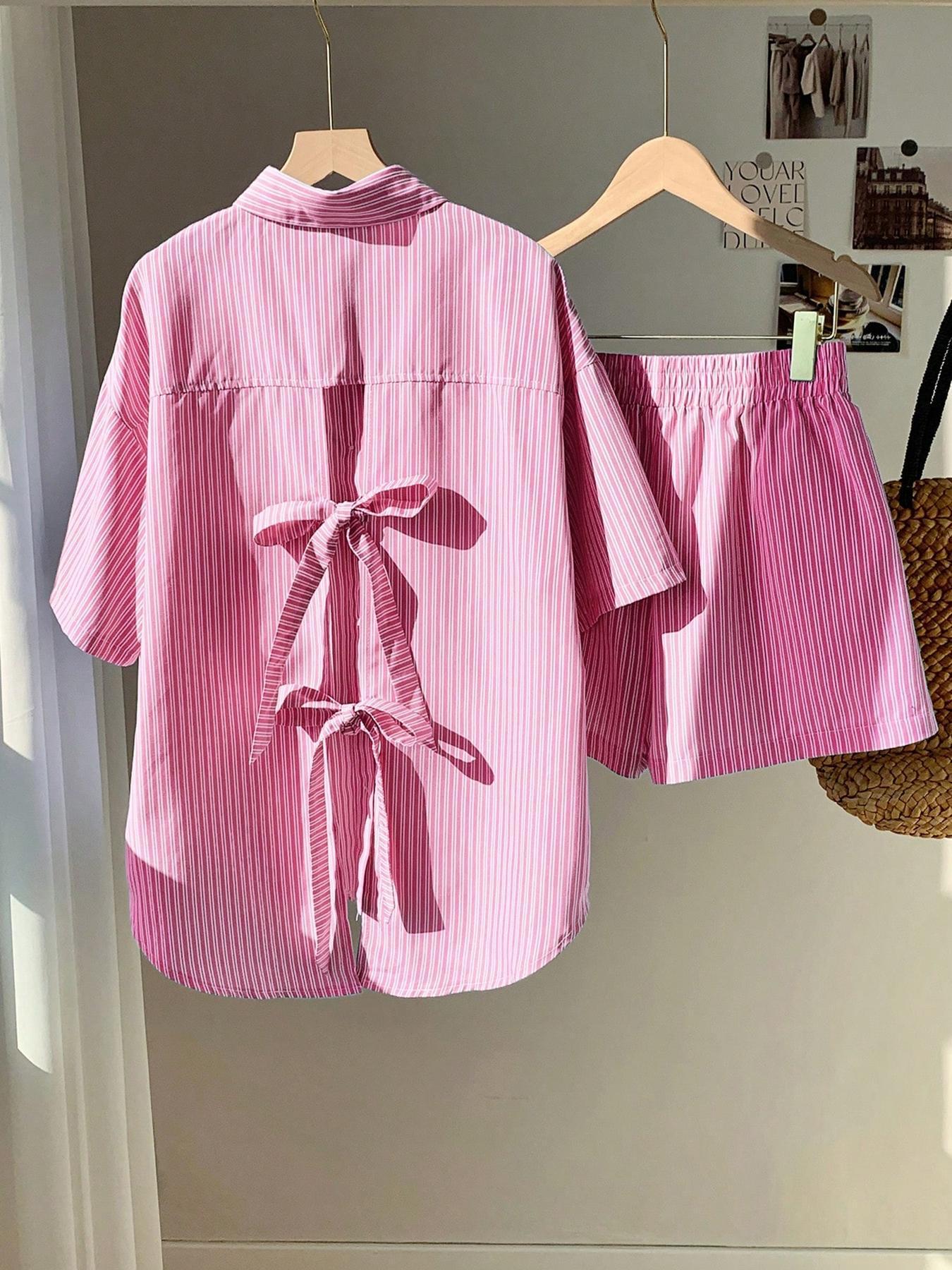 

2025 Summer & Early Autumn Women s Striped Casual Shorts and Top Set Small рожевий