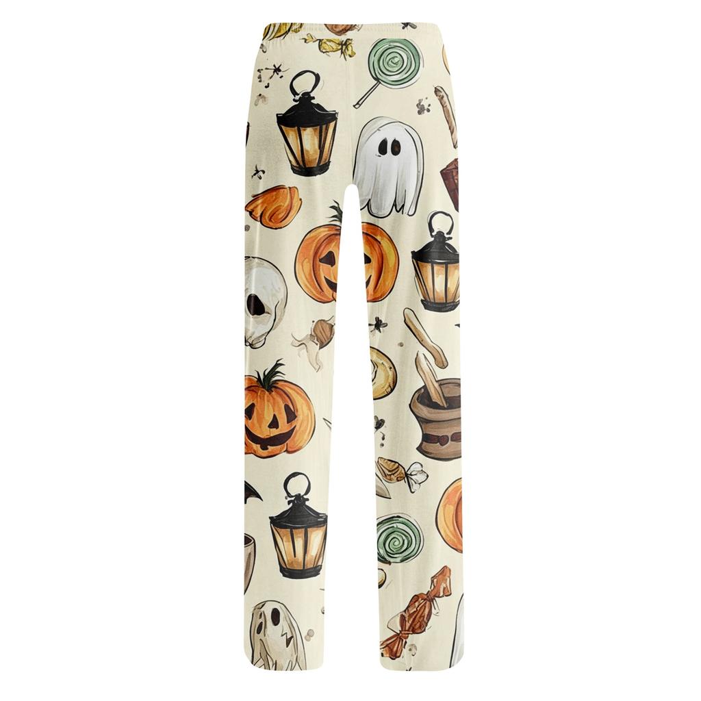 Damen Halloween Print Kordelzug Hose Lässige Lounge Hose Elastischer Bund Entspannte Passform Vollständige Länge Hose für den Alltag