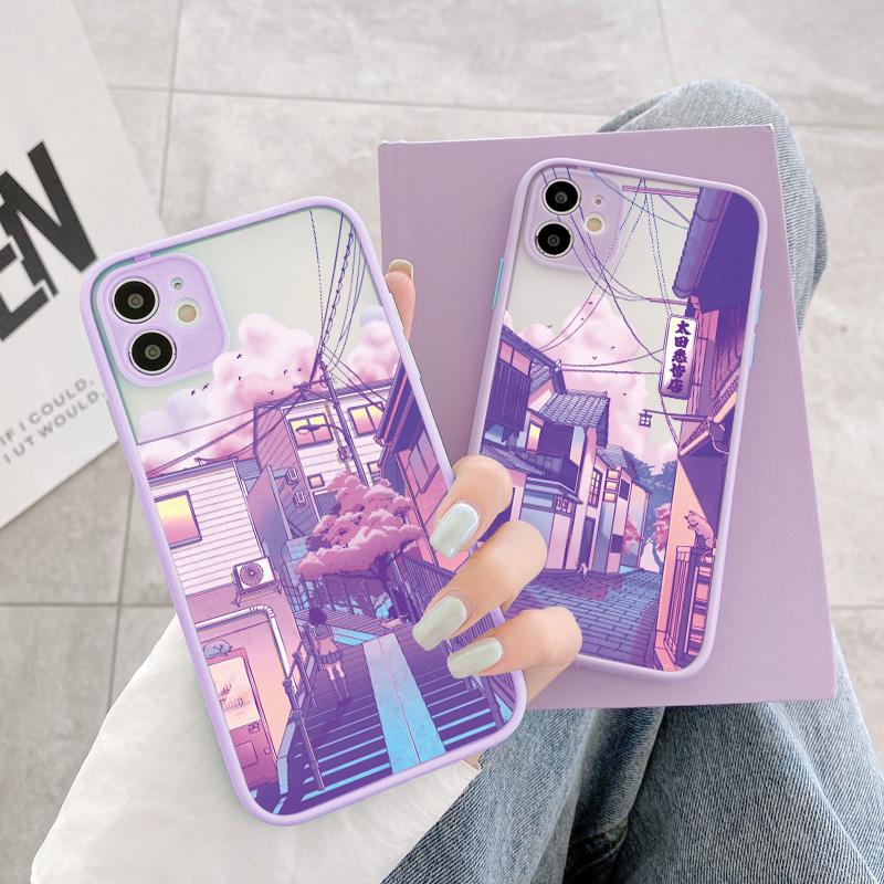 Japan Anime Landscape Phone Case For iPhone 16 11 15 12 14 Pro Max 12 13 Mini 7 8 Plus X XR XS Matte Purple Street View Cover
