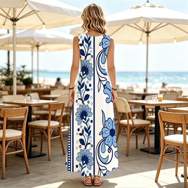 Women's Summer Vacation Maxi Dress Blue White Floral Lightweight Sleeveless Tummy Control Flowy Full Skirt,Versatile for Casual Daily & Summer Outing