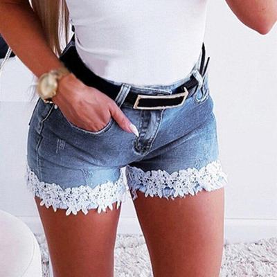 Ladies Casual Slim Fit Stretch Denim Shorts with Lace Stitching Regular Jeans Women