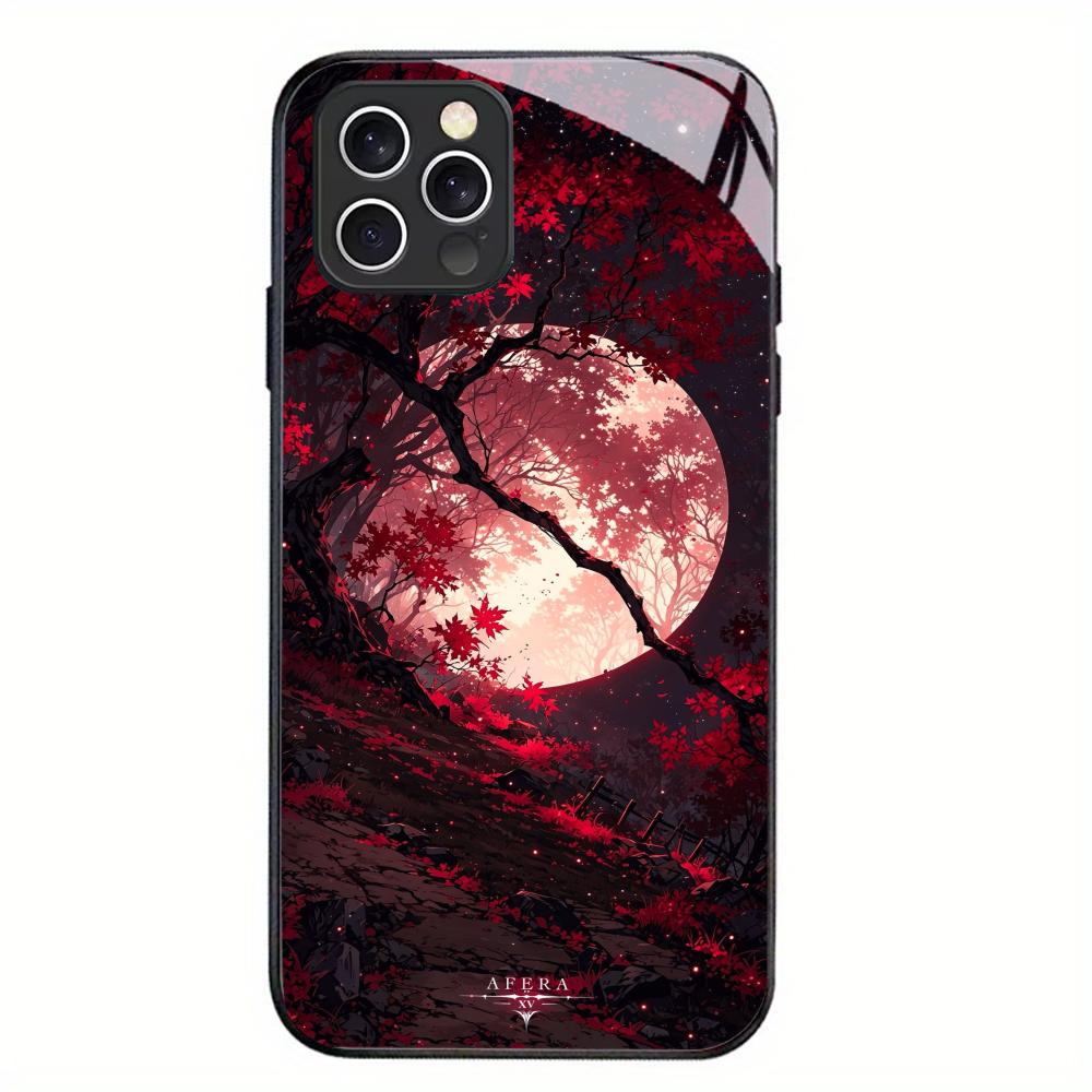 Red Maple Leaves Under a Full Moon Black Glass Case For iPhone 17 16 Pro Max 15 Pro 14 Pro 13 Pro Anti Drop Protective Shell