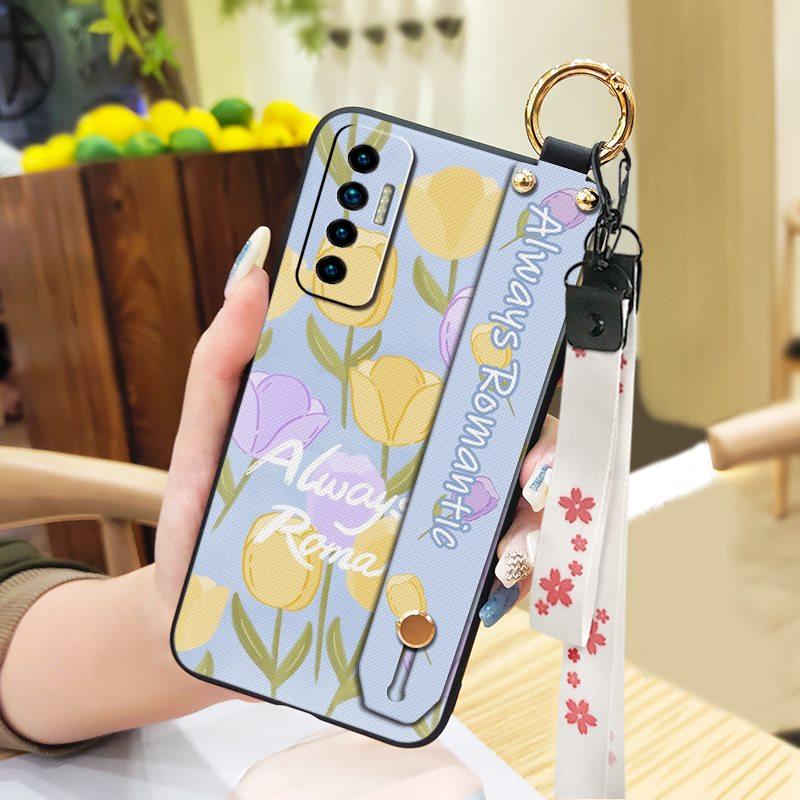 Durable Ring Phone Case For Tecno Camon17P Phone Holder Silicone Waterproof Dirt-resistant Flower Oil Painting Lanyard
