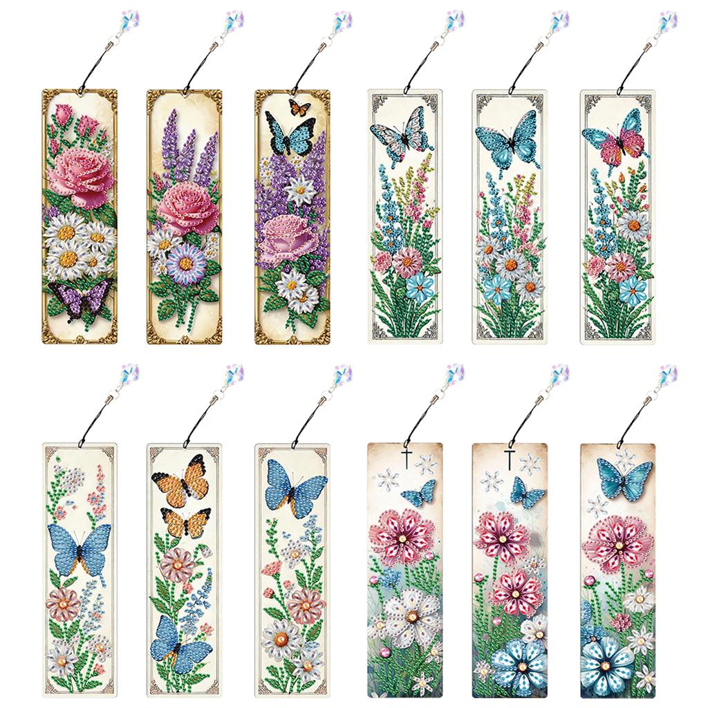 12Pcs Flower Animal DIY Diamond Painting Bookmark with Crystal Pendant Diamond Art Bookmark for Book Lovers Beginners & Adults
