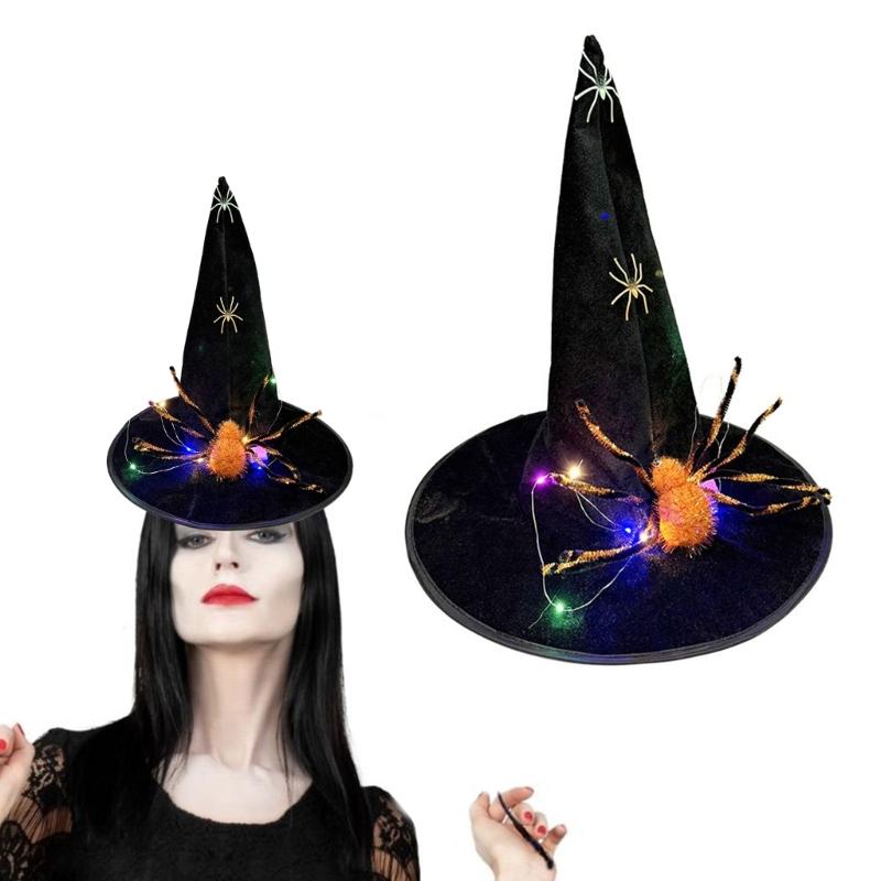 Large Black Witches Witch Hat for Women Led Light Up Witch Caps Halloween Cosplay Costume Accessory for Women Girls