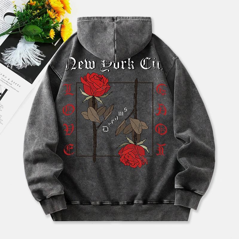 Rose Washed Hoodie Womens Vintage Letter Print Cotton Streetwears Distressed Oversized Pocket Womans Clothes