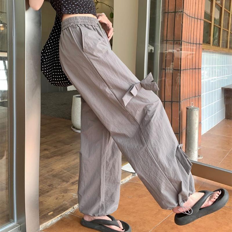 Simple Style Drawstring Bowknot Casual Pants for Women Summer High Waist Slim Loose Versatile Wide Leg Long Pants