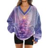 Women's Fashionable V-neck Christmas Printed Long Sleeved Casual Pullover Plush Warm Sweatshirt Top