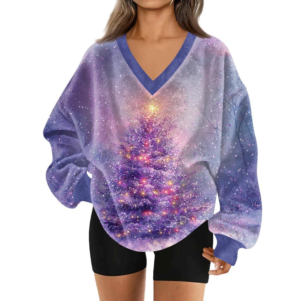 Women's Fashionable V-neck Christmas Printed Long Sleeved Casual Pullover Plush Warm Sweatshirt Top
