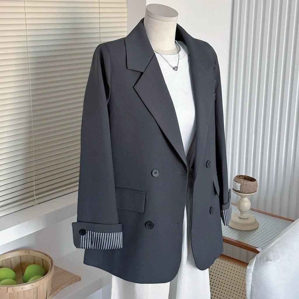 Dámské elegantní sako Korejský styl Volný střih Ležérní blejzr Design s prošívanými manžetami Novinka