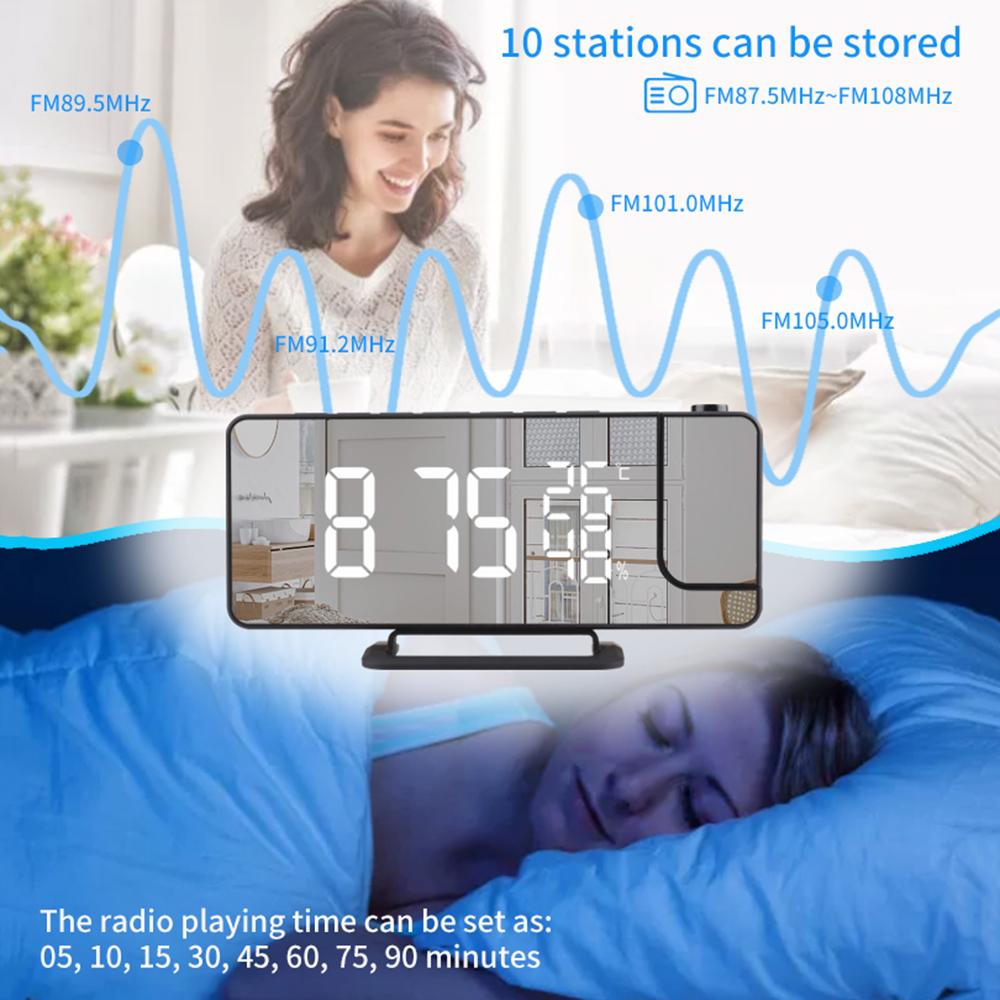 Digital Projection Alarm Clock LED Mirror Alarm Clock with Projection on Ceiling Temperature Humidity Radio 2 Sets of