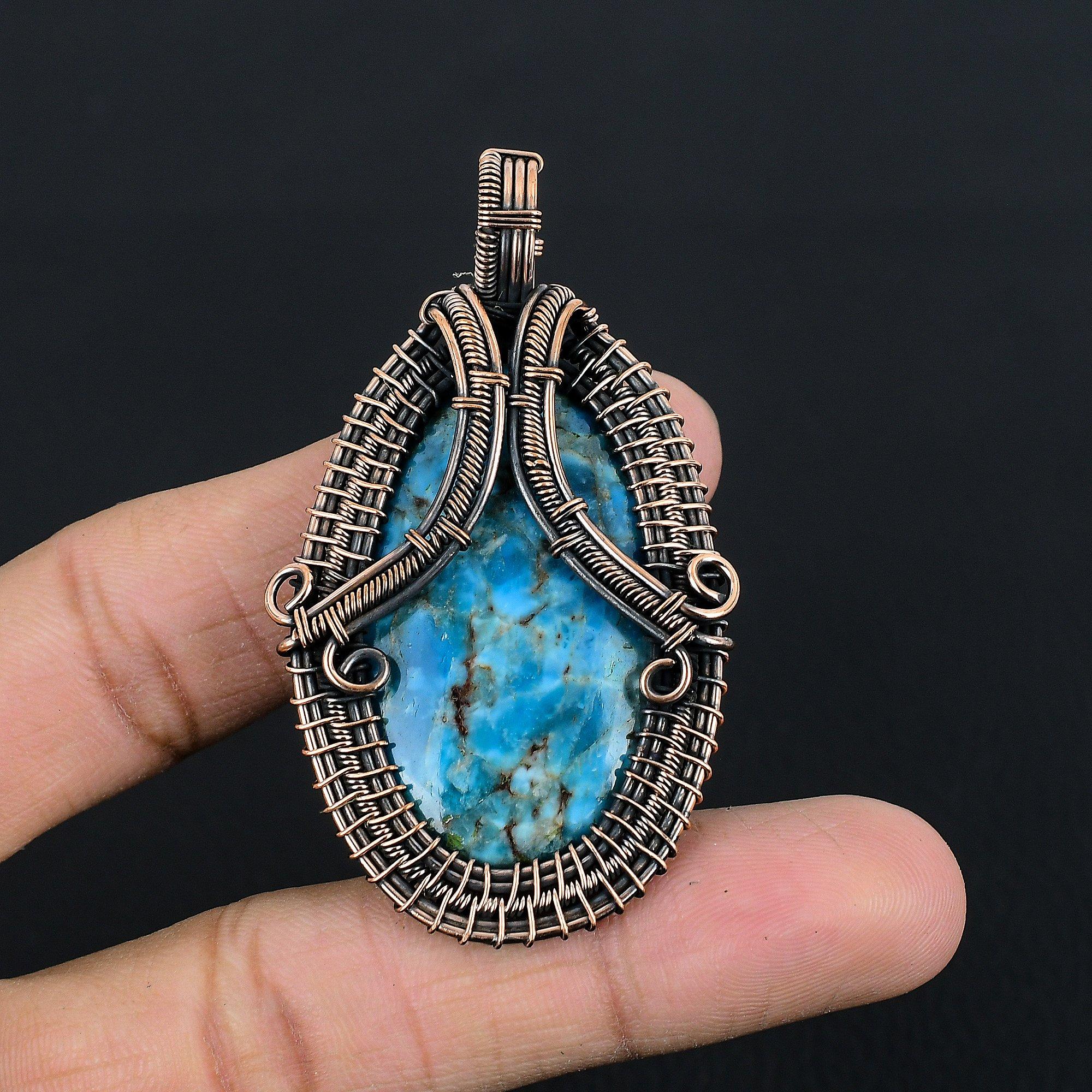 

Neon Blue Apatite Gemstone Pendant 999 Copper Wire Wrapped Jewelry, Handmade Antique Pendant Jewelry, Gift For Mother 2.55 Inches
