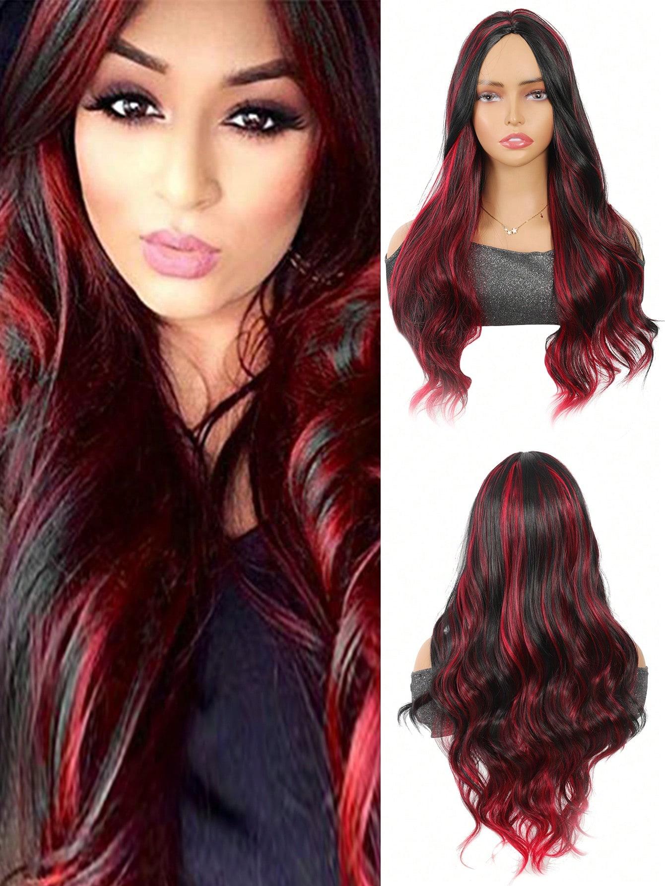 

Синтетические длинные волнистые вьющиеся волосы 28 дюймов Омбре черного и розового цвета для женщин, парики для косплея на Хэллоуин с челкой, термостойкие волокнистые волосы для челки 28inch