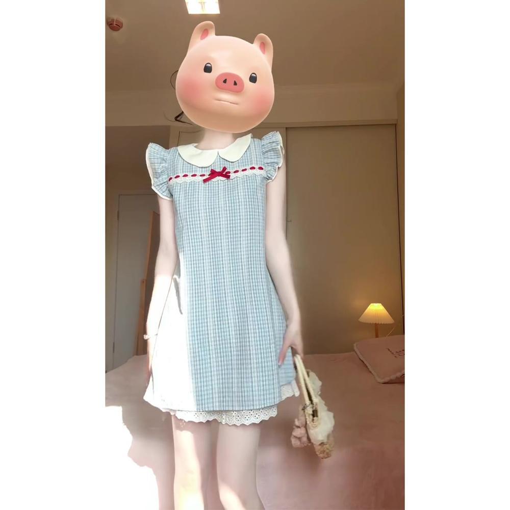 

Маленькое платье французского синего цвета с короткими рукавами-крылышками, детское летнее элегантное новое суперкрасивое уникальное красивое платье с кукольным воротником S- (can be worn within 45kg)