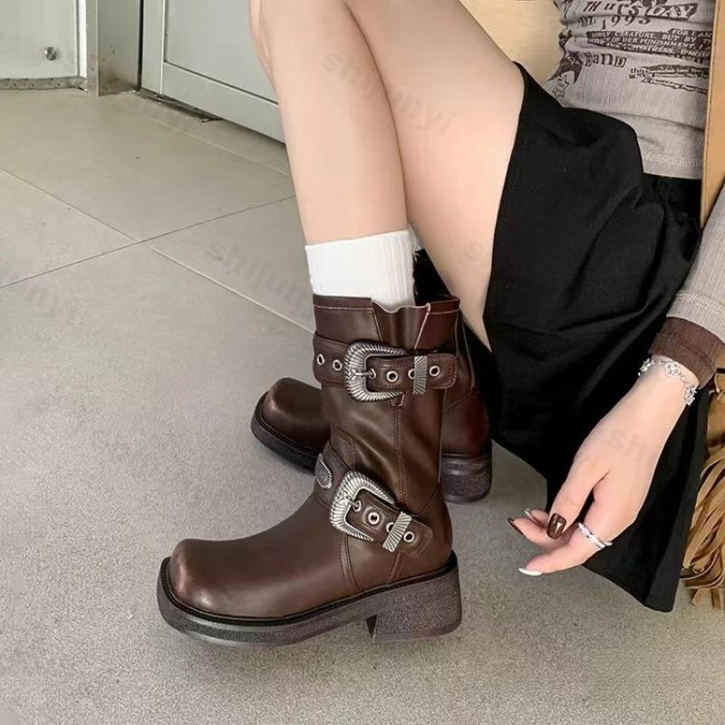 Fashion Women Short Boots 2025 New Autumn Square Toe Low Heel Straps Cowboy Knight Boots Fashion Platform Buckle Ankle Boots Botas Mujer