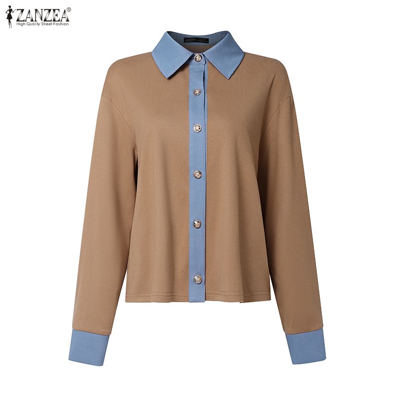 ZANZEA Women Casual Splice Turn Down Collar Long Sleeve Blouse