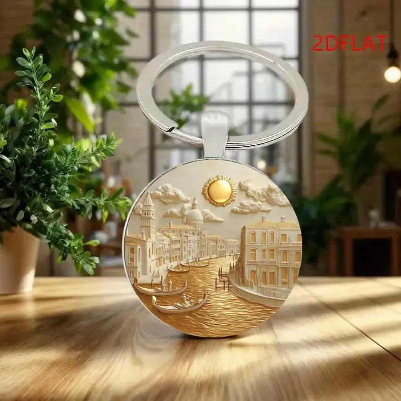 Water City Themed Glass Pendant Keyring With Zinc Alloy Construction For Collectors Gift