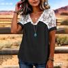 Women’s Short Sleeve Lace Patchwork Blouse V Neck Casual Loose Fit Top with Floral Crochet Design for Daily Wear
