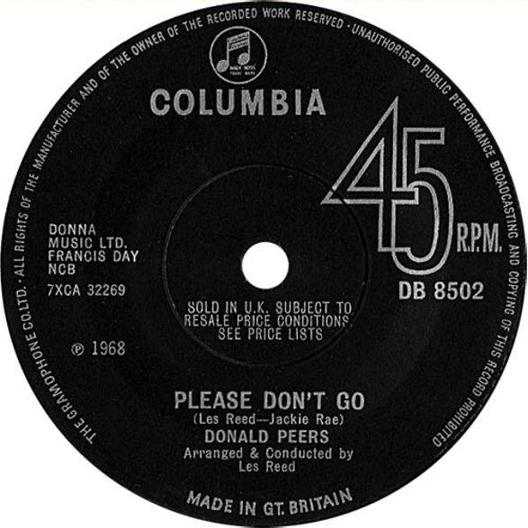 7inch Record DONALD PEERS - Please Don't Go DB8502 Columbia 1968 UK Rock Used