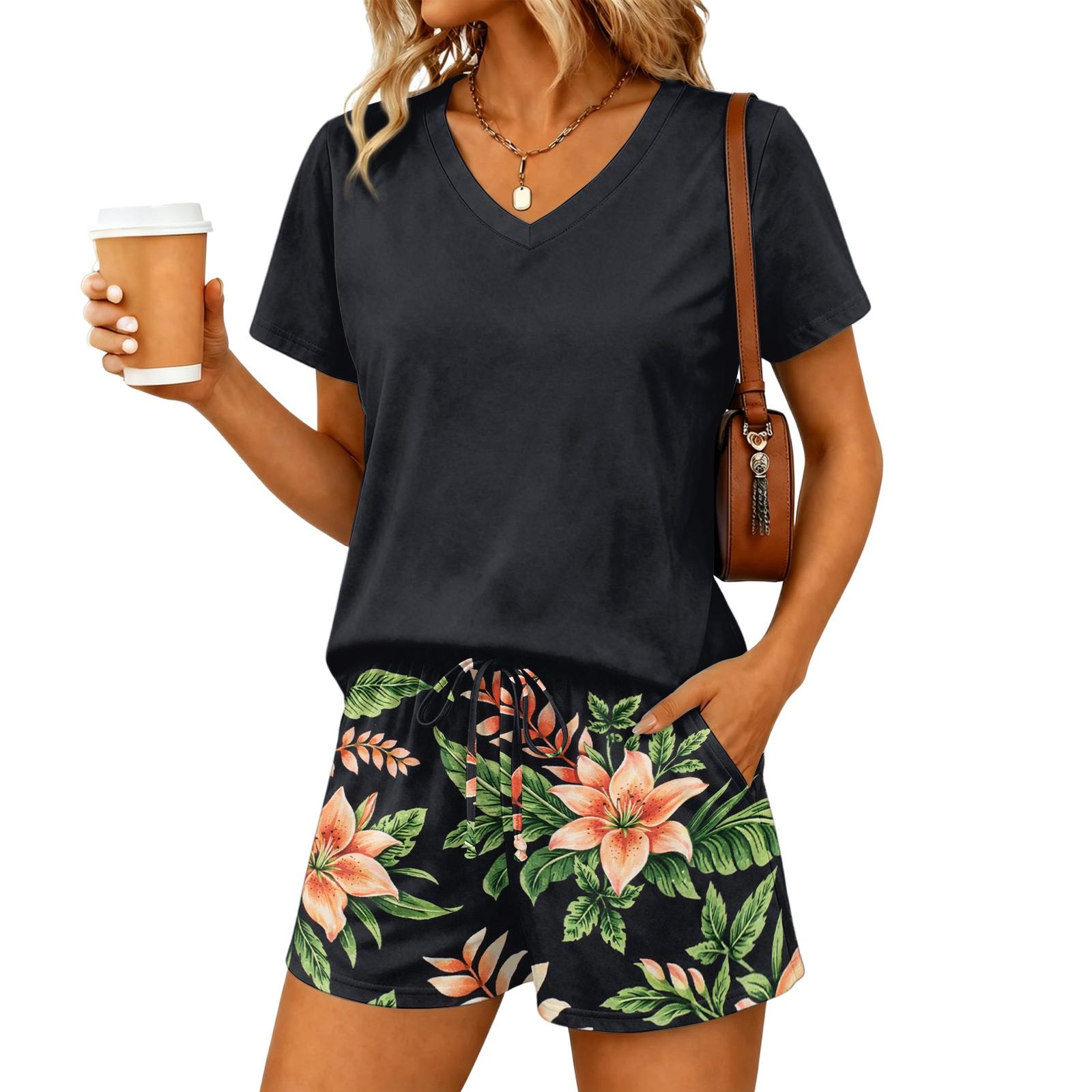 

Women s Casual Two Piece Set V Neck Short Sleeve Top with Drawstring Waist Floral Print Shorts Lightweight Summer Outfit S зелёный