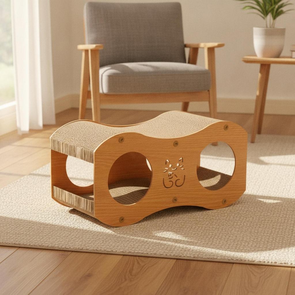 Cat Scratcher House with Tunnel Wood-Grain Pet