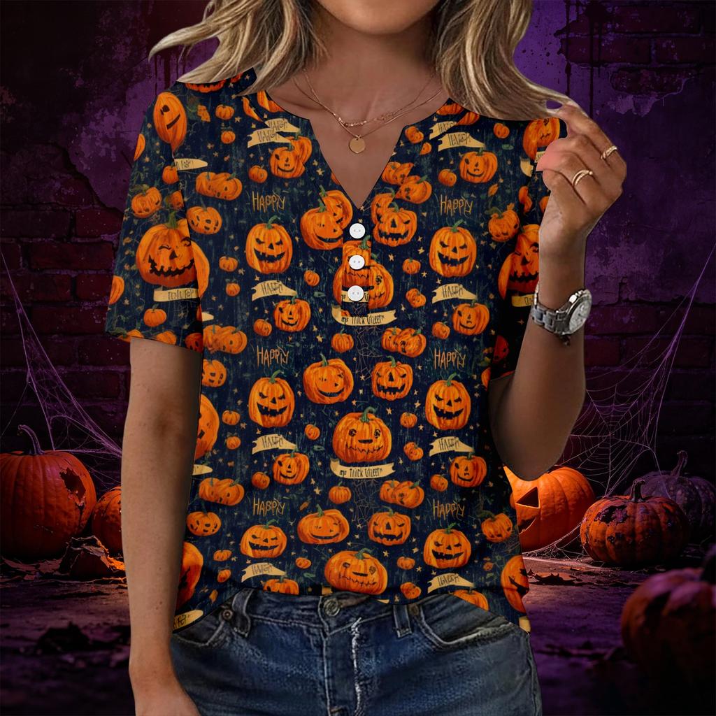 Women's Casual Halloween Print V Neck Short Sleeve Button Decor T Shirt Top Lightweight Comfortable Fit for Everyday Wear