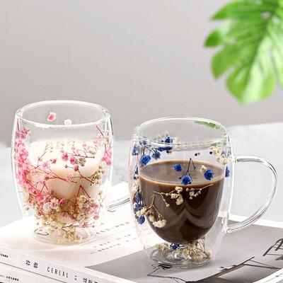 Flower Cup Dried Flower Double Walled Glass Mug 350ml Coffee Mug with Dry Flowers Decorative Flower Mug Double Wall Flower Cup