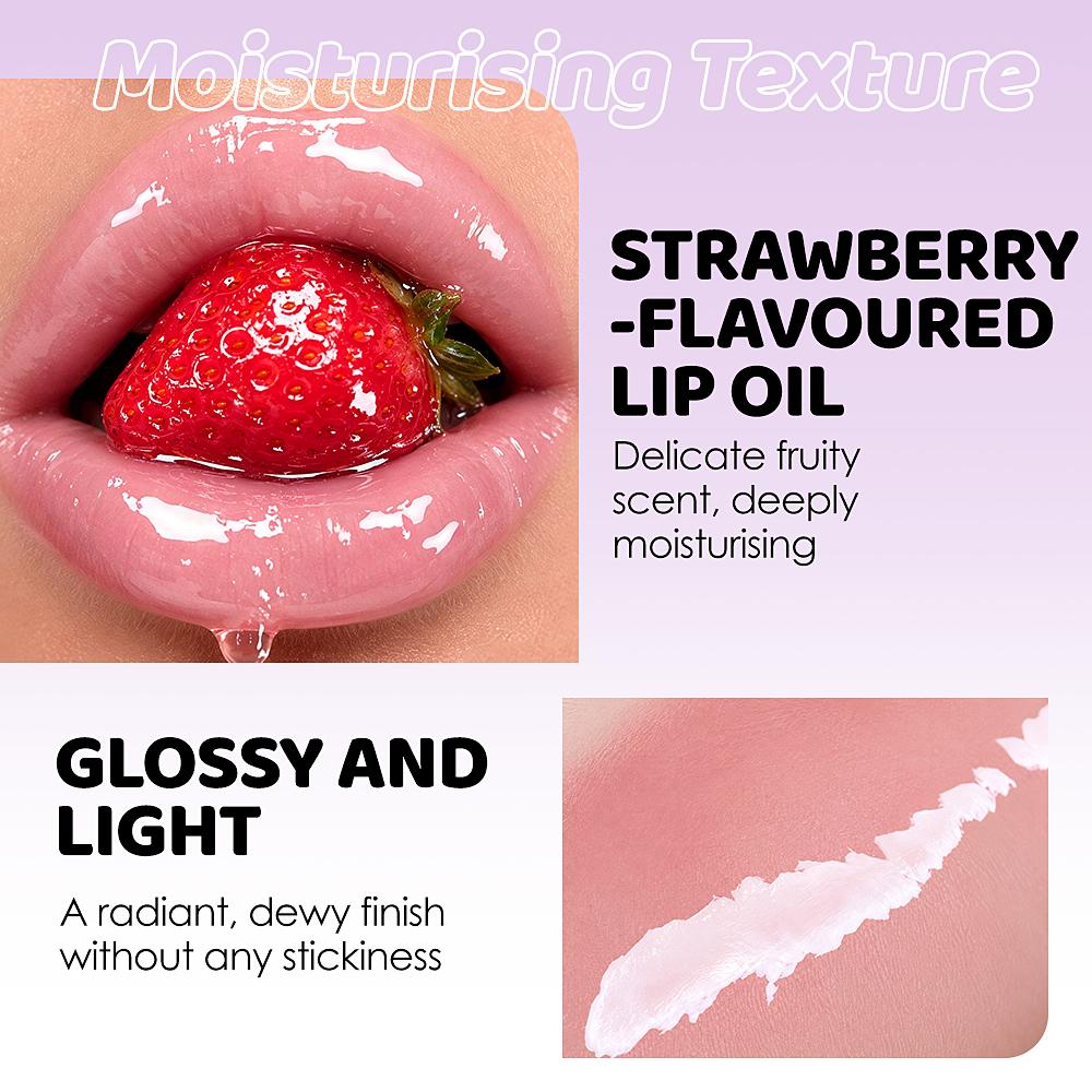 Julystar Cute Strawberry Keychain Lip Oil Moisturizing Clear Glossy Lip Plumper Fruit Flavor Lip Care Lip Gloss with Phone Cord Hair Tie Bag Pendant
